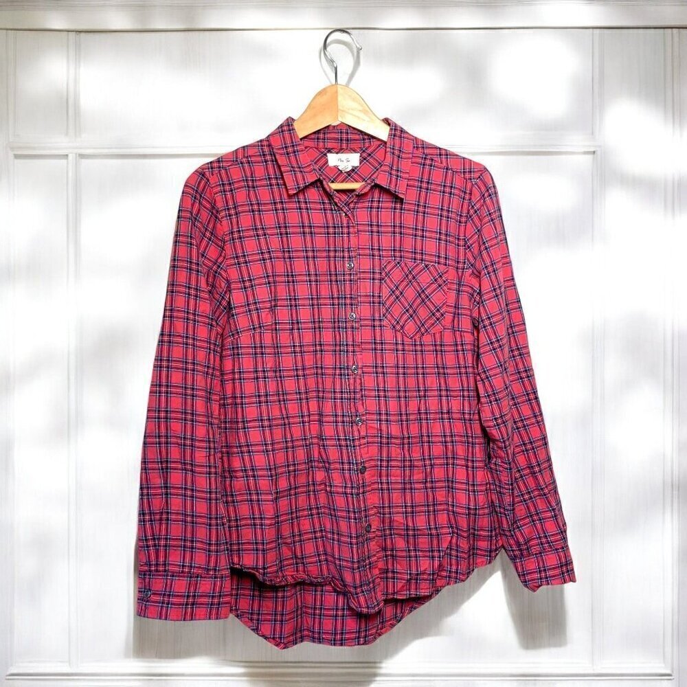 Per Se Womens Plaid Button Down Shirt 100% Cotton Pink & Blue Size Medium